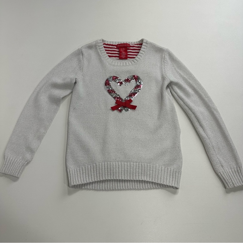 Jingles & Joy Girls Metallic Knit Sequins Candy Cane Holiday Sweater Size 6x